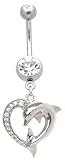 Stainless Steel Belly Ring with Clear Crystals - Heart/Dolphin Dangling