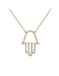 925 Sterling Silver Yellow Gold Plated CZ Cubic Zirconia Diamonds Hamsa Hand Religious Charm Pendant Necklace with 16"-18" Adjustable Chain