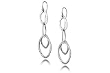 14K White Gold Matte-Finish Hand-Crafted Marquise-Shape Open Link Designer Dangling Earrings.