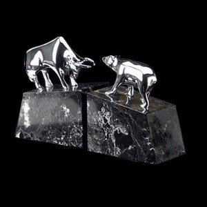 Brass Bull & Bear Marble Bookends, Chrome Plated