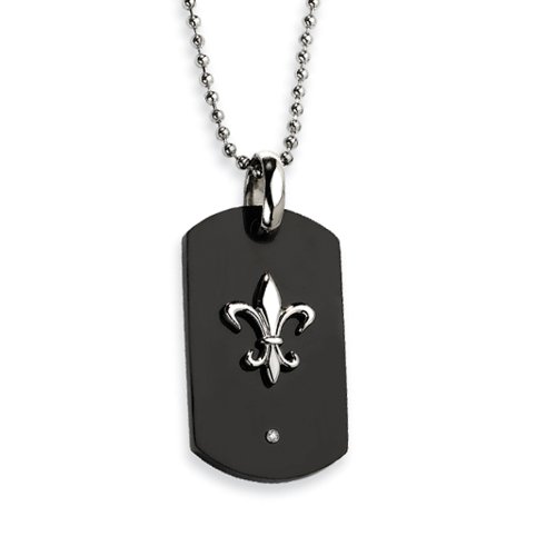 Men's Black Titanium Fleur De Lis Diamond Dog Tag Necklace