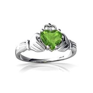 14K White Gold Heart Genuine Peridot Celtic Claddagh Ring