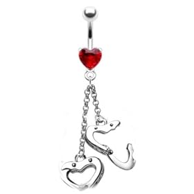 Gorgeous Crystal Heart Handcuff Charm Belly/Belly Ring Silver Tone