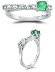 0.15 Cts Diamond & 0.35 Cts Natural Emerald Ring in 14K White Gold
