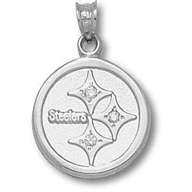 Pittsburgh Steelers Solid Sterling Silver Circle Logo With Diamond Chips 5 8'' Pendant