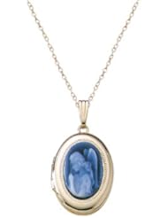 10K Oval Mom and Child Blue Agate Cameo Locket, 18"