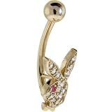 14KT Gold Playboy Rabbit Head Red CZ Eye Belly Ring