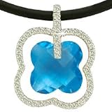 14K White Gold Flower-Shaped Pendant, Centered with a Blue-Topaz Semi-Precious Color Stone and Enhanced with Pave Set Diamonds, Sliding on a Rubber Chain Set with a 14K White Gold Clasp.