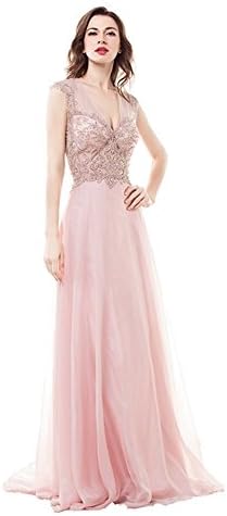 TSRJ Women's Chiffon Rhinestone V-neck Open back A-line Sweep Train Evening Dress Pink US4