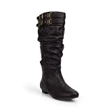 Best Price Western Style Cowgirl Buckle Strap Slouch Boots Dark Brown