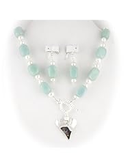 Curved Sterling Silver Heart Pendant, Amazonite Stone Nugget Freshwater Pearls Necklace, Earrings