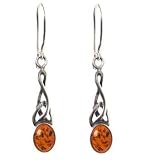 Genuine Honey Amber Gem Set and Sterling Silver Small Celtic Oval Earrings
