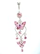 Stainless Steel Belly Ring with Pink Crystals - Dangling Butterflies