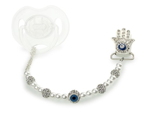 Crystal Dream Luxury Glass Pearl Crystal Pave Beads with Handmade Chamsa Keepsake Unisex Pacifier Clip 8 Inch (CHA)