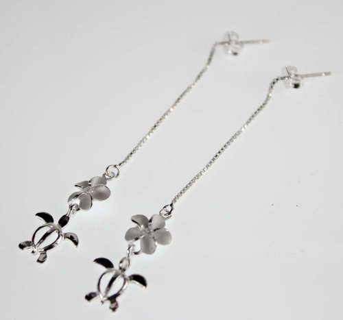 Sterling Silver Plumeria/turtle long Dangling Earring, * FREE shipping from Hawaii