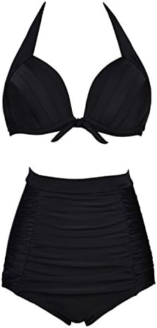 Dailycooper Solid Black Retro Elegant High Waisted Bathing Suit Swimsuits (XL, Black)