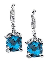 Genuine Swiss Blue Topaz And Diamond Earring 14K White Gold Pair .06 Cttw/07.00X07.00;P;Genuine Swiss Blue Topaz And Diamond Earring
