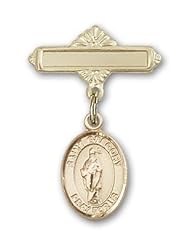 14K Gold Baby Badge with St. Gregory the Great Charm and Polished Badge Pin