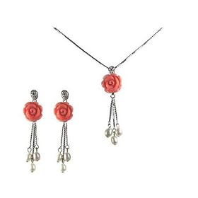 Red Coral Rose Cultured Pearl Droplet Pendant Necklace & Dangle Earrings Set