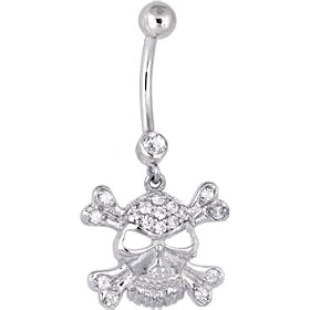 Solid 14KT White Gold Cubic Zirconia SKULL CROSSBONES Dangle Belly Ring by Belly Rings in 14K Gold