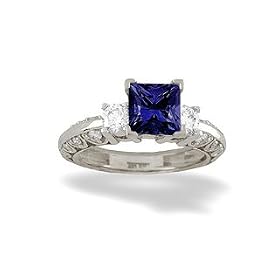 14K White Gold Square Created Sapphire and Diamond Engagement Ring by Jewels For Me