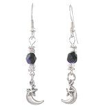 Moon and Star Dangle Earrings in Sterling Silver with Dark Blue Czech Glass Beads, #8034