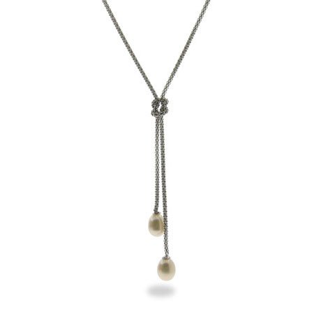 Eve's Addiction Sterling Silver Mesh Knot Necklace with Freshwater Pearls