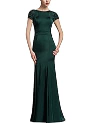 Lace Beaded Short Sleeves Round Neck Satin Empire   Waistline Cocktail Floor Length Spring Evening Dress/Homecoming Dress/Prom Dress/Wedding Party Dress 