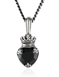 King Baby "Crowned Heart" Large Cubic Zirconia Heart Pendant Necklace with Black Onyx