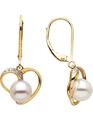 14K Yellow Gold 7mm Freshwater Pearl Diamond Heart Earrings