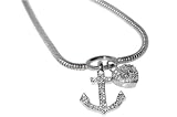 14K White Gold 10 Snake Anklet Bracelet, Set With Dangling Anchor and Heart Charms, Enhanced with Pave Set Diamonds.