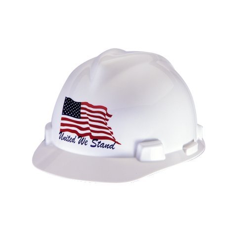MSA10034263 Freedom Series V-Gard Cap Style Safety Hard Hat with Fas-Trac III Ratchet Suspension | Polyethylene Shell, Self Adjusting Crown Straps-Standard Size in United We Stand