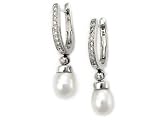 14 Karat White Gold Drop Fresh Water Pearl Earrings, Enhanced With Pave Diamonds. ( 0.25 c.t.t.w, GH, SI )