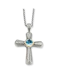 Antique Sterling Silver & 14K Gold Blue Topaz Cross Necklace