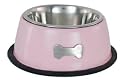 Deluxe Pink Single 16oz Dog Bowl / Dish with Stainless Steel Bone Motif