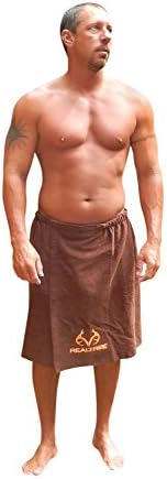 Realtree Spa Wrap, Mens Real Tree Antler Logo Gym Pool Shower Bath Towel Wrap (One Size Waist 30-40", Brown with Orange Embroidered Logo)