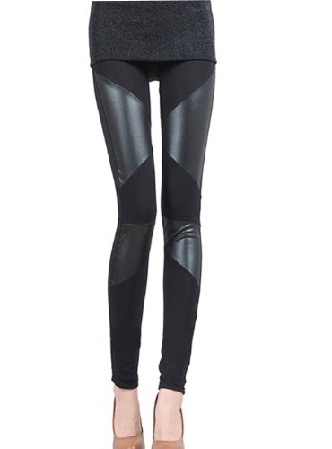 Cocobla Women's Stitching Stretchy Faux Leather Back Pant Leggings