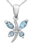 10k White Gold Blue Topaz Dragonfly Pendant (.003 cttw, I-J Color, I2-I3 Clarity), 18