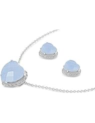 Sterling Silver Love Heart Design Milky Blue CZ Pendant Necklace and Earrings Jewelry Set with Clear CZ