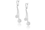 14K White Gold Matte-Finish Hand-Crafted Designer Dangling Earrings, Enhanced with a Bezel Set Diamond on a Textured Round-Shaped Drop.