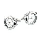 Silver plated round working watch cufflinks with presentation box. by For the Cuff