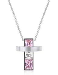 Stainless Steel Cross Necklace Pendant with Pink and Clear Cubic Zirconia in Silvertone Chain Not Included