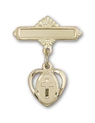 14kt Gold Baby Badge with Cross Charm and Polished Badge Pin