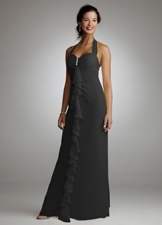 David's Bridal Long Soft Chiffon Halter Dress With Front Cascade Style 639953