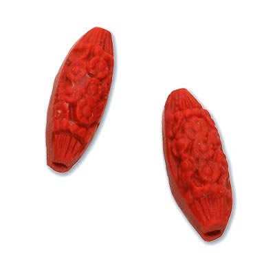 Red Cinnabar Small Oblong Focal Beads 16mm Chinese Flower Design (x2)