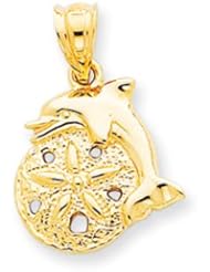 Dolphin And Sand Dollar Pendant In Solid 14 Karat Yellow Gold