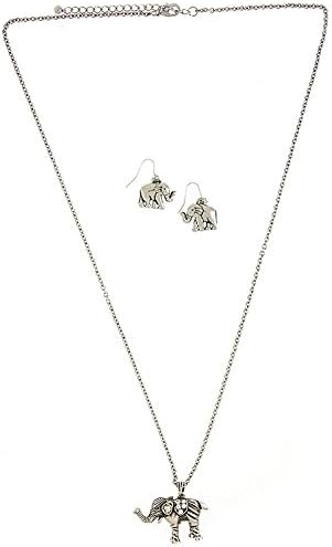KARMAS CANVAS MOVABLE ELEPHANT PENDANT LONG NECKLACE SET (Antique Silver)