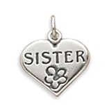 SISTER Heart and Flower Charm Sterling Silver