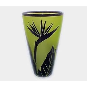 Correia Vase - Chartreuse and Black Bird of Paradise-11.75 x 7 by CricketCat