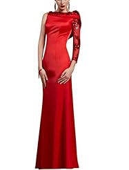 Round Neck Beaded Satin Empire   Waistline Cocktail Floor Length Spring Winter Long Sleeves One Shoulder Evening Dress/Homecoming Dress/Prom Dress/Wedding Party Dress 